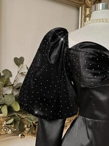 SHEIN Belle 优雅华丽的黑色天鹅绒水钻拼接缎面甜心领口蝴蝶结泡泡腿羊腿袖紧身连衣裙单身派对约会晚会鸡尾酒礼服，长袖舞会半正式礼服，适合生日、婚礼嘉宾、毕业典礼、晚宴、返校节 - 黑色 - 查看 5