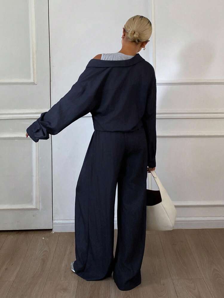 2pcs Women Casual Loose 2 In 1 Long Sleeve Shirt And Wide Leg Pants Set, Street Style, Autumn/Winter,Fall Women Clothes