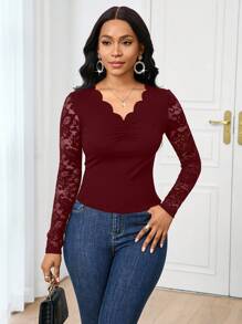SHEIN Lady 2025新款优雅通勤纯色蕾丝拼接修身长袖T恤纯色上衣外出上衣女式长袖T恤长袖上衣，女士秋季服装 - 酒紅色 - 查看 3