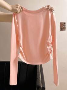 INAWLY Women's Casual Bow Print Ruched T-Shirt, Spring/Autumn - Dusty Pink - View 2