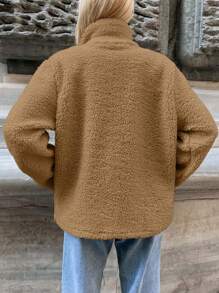EURMUSE 女士休闲纯色常规夹克，秋冬 - 駝色 - 查看 2