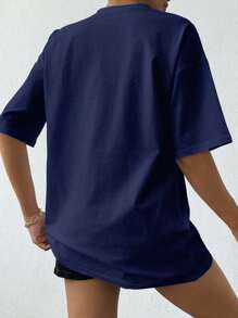 EURMUSE 100%Cotton Women's White T-Shirt With Rhinestones Detail - Navy Blue - View 2