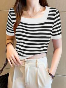 SHEIN Unity Áo thun nữ ngắn tay sọc tối giản giản dị - trắng - Xem 1