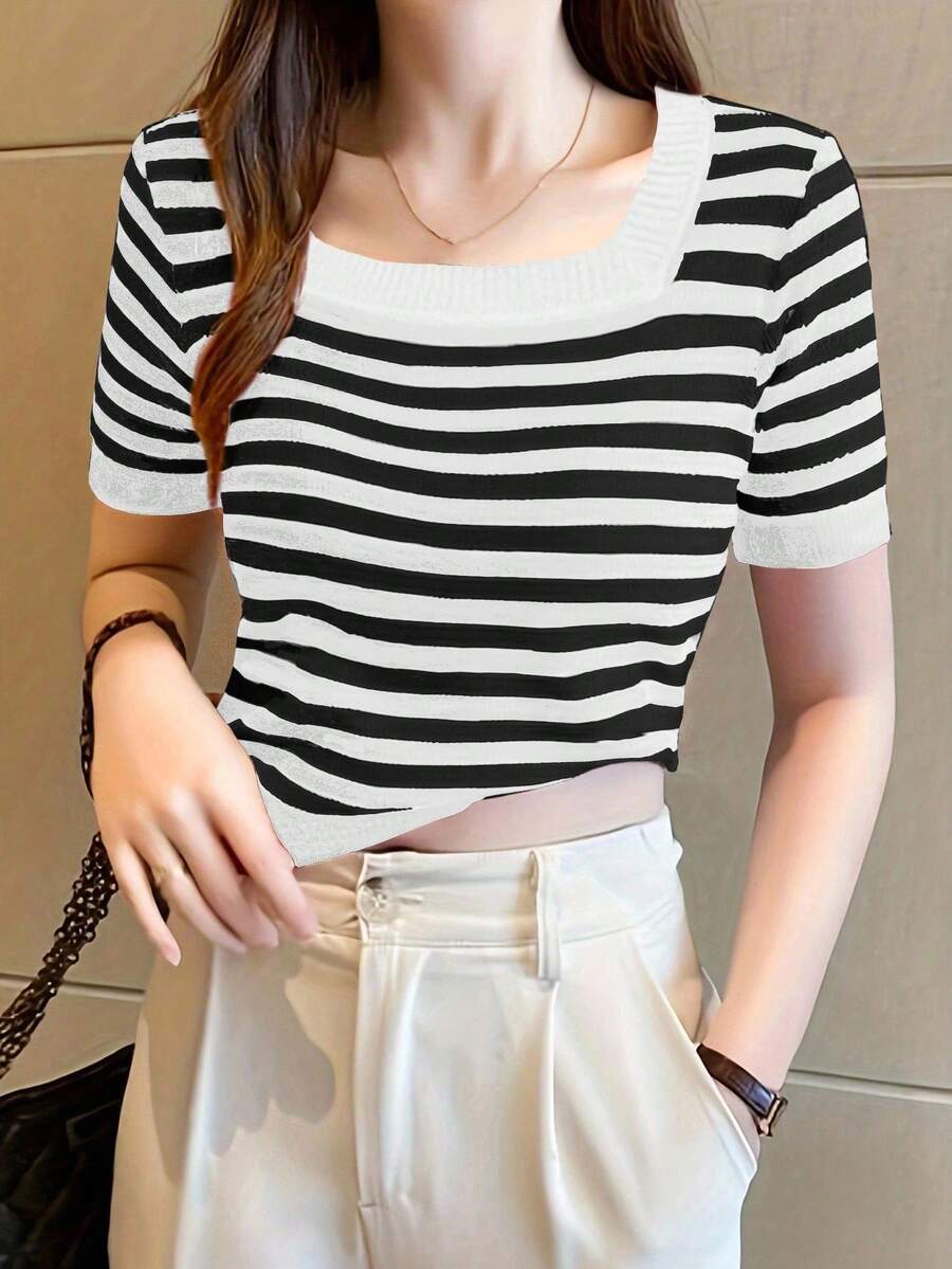 SHEIN Unity Áo thun nữ ngắn tay sọc tối giản giản dị - trắng - Xem 1