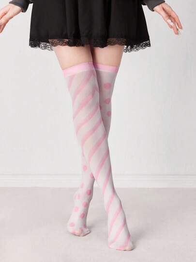 Anime White Asymmetrical Striped And Polka Dot Over-The-Knee Socks, Fashion, Sweet, Cute, Versatile For All Seasons