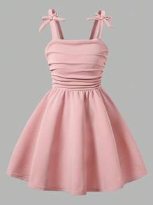 SHEIN Tween Girl Bow Strap Pleated Elegant Dress - Dusty Pink - View 4