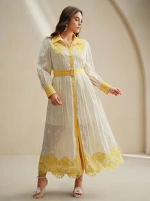 Anewsta Long Sleeve Floral Patchwork Stand Collar Dress