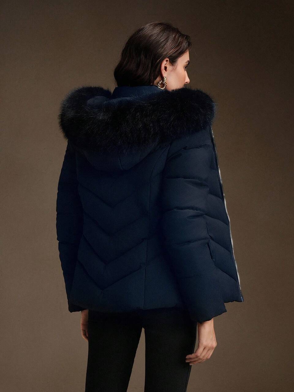 Women's Mid-Length Cinched Waist Hooded Jacket With Removable Fur Collar, Zip-Up Padded Coat