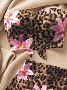SHEIN EZwear 2pcs Women's Vacation Beach Leopard Floral Print Bandeau Top And Shorts Set Suitable For Going Out - Multicolor - View 5