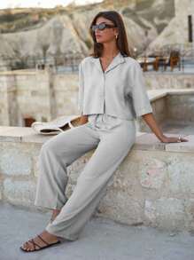 EURMUSE Women Cotton Crop Shirt & High Waist Pants Set - Light Grey - View 5