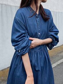 FRIFUL 女式休闲宽松牛仔连衣裙 - 深色水洗藍 - 查看 1