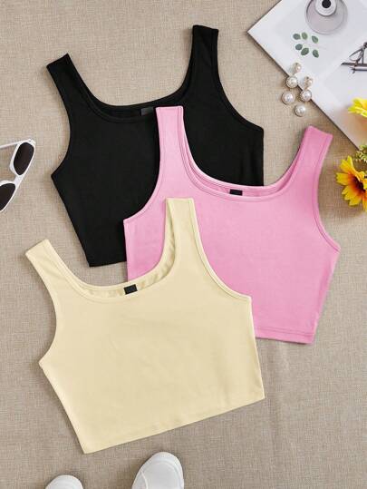 SHEIN EZwear 3pcs/Set Women's Black, Yellow, Pink Cropped Tight Fit Casual Camisole Suitable For Summer