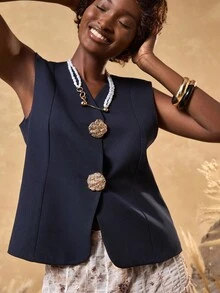 Bóhologie Blazer élégant pour femmes avec boutons dorés de haute qualité, Blazers - Bleu marine - Voir 1