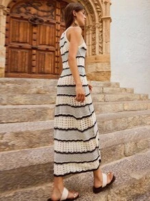 Maija Women's Striped Knit Midi Dress,Halter Neck Sleeveless Semi-Sheer Pencil Hem,Navy Blue,Summer,Boho,Elegant,Beach Vacation,Holiday,Western Clothing - Black and White - View 5