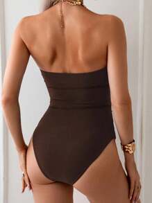 Swim Chiccia Baju Renang Wanita Model One Piece Kasual dengan Tali Bahu dan Lubang-lubang, Warna Polos Sederhana, Cocok untuk Liburan Pantai Musim Panas - Coklat - View 2