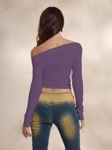 BiGraphic Women's Slogan Graphic Oblique Shoulder Long Sleeve T-Shirt, Purple Autumn And Winter - Purple - View 3