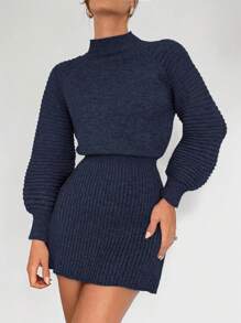 Siren Gaze Autumn Women's Gray Woolen Dress With Waist A-Line Slimming Knitted Skirt Lantern Sleeve Turtleneck Sweater Dress Winter Women's Clothing,Fall Casual Blue - Navy Blue - View 5