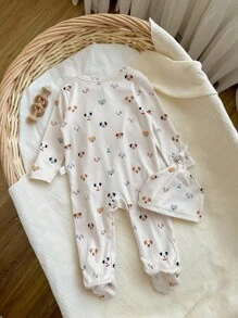 2 件装新生男婴可爱小狗印花圆领前开长袖连体衣带扭结帽，柔软舒适家居服套装 - 卡其色 - 查看 2