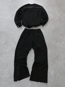 Manfinity EMRG 男士美国字母图案拉链装饰黑色卫衣裤套装，适合休闲、街头风、日常通勤。男士两件套黑色运动服套装，男士慢跑裤套装，男士运动套装，男士两件套黑色套装，男士两件套套装，男士慢跑裤套装，男士运动服套装，男士运动服套装，秋季服装。 - 黑色 - 查看 2