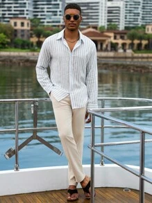 Manfinity Homme 男士纯棉修身基础款蓝白条纹衬衫，秋季款，复古风格，长袖上衣 - 藍白色 - 查看 2