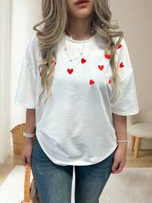 SHEIN CURVE+ 大码女式圆领落肩短袖心形刺绣T恤 - 白色 - 查看 3
