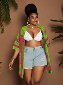 Maweii 大码女式条纹镂空宽松休闲半袖针织开衫，黑白配色 - 彩色 - 查看 5