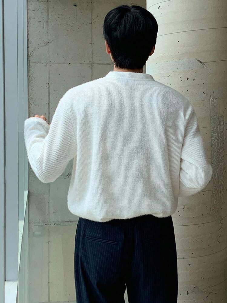 Men's Solid Color Textured Fabric White Half-Placket T-Shirt, Autumn Long Sleeve Men Shirt