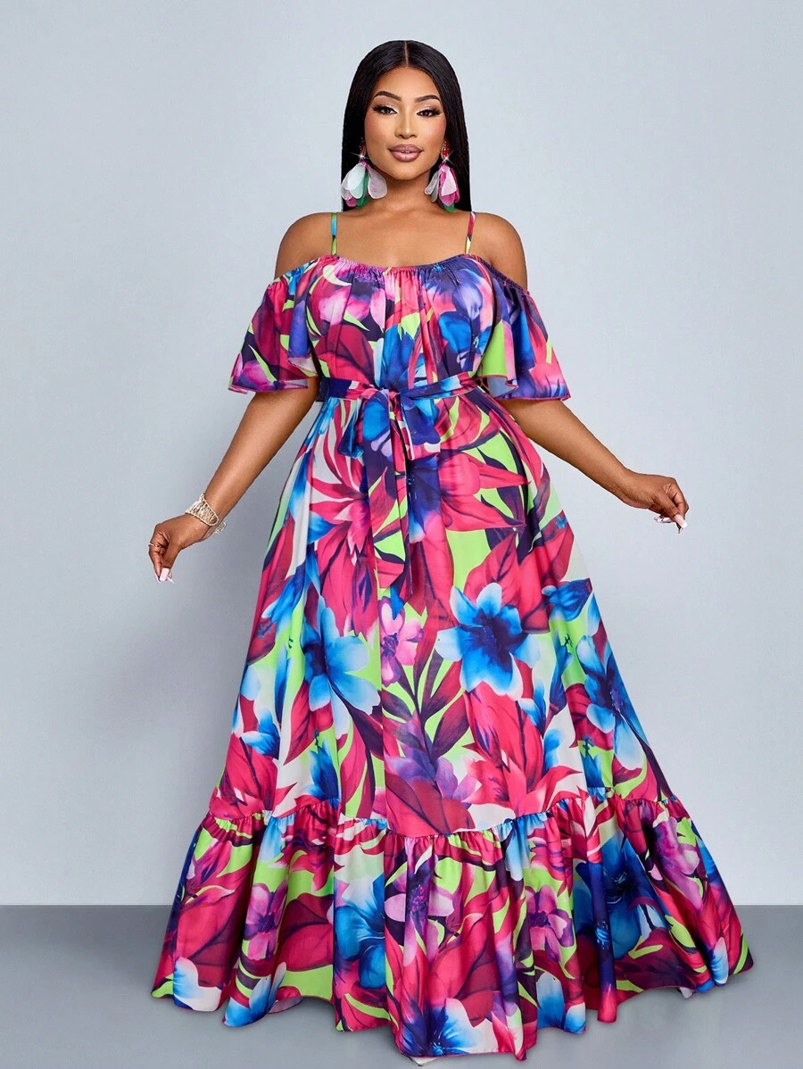 SOLERSUN Plus Size Spring And Summer New Style Lotus Leaf Edge Short Sleeve Lacing Pleated Loose Floor A Hanging Shoulder Dress Elegant Leisure Vacation Sexy Plant Flower Fashion Women's Clothing - Hot Pink - View 1