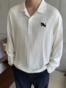 DAZY 男式刺绣图案白色半襟 Polo 领衬衫，春夏 - 白色 - 查看 3