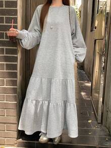 DAZY 女士纯色圆领灯笼袖荷叶边下摆休闲连衣裙长裙 - 灰色 - 查看 5