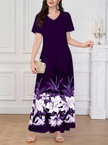 Modelyn 紫色 V 领女式夏季针织短袖花卉印花连衣裙，可作为外套或内衣/工作服穿着，美丽的白色花朵下摆印花，适合约会、休闲、派对、度假，女士夏装，女士长裙。花卉长裙/优雅花卉长裙 - 紫色 - 查看 5
