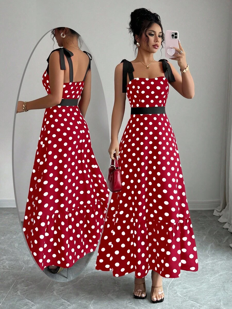 Elenzga 女士优雅波尔卡圆点印花无袖连衣裙，夏季 - 紅白色 - 查看 1