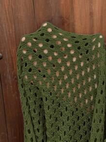 Breezaya 女款休闲宽松蝙蝠袖镂空针织衫，杏色，春秋 - 軍綠色 - 查看 7