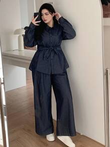 Dazy Plus 2pcs Set: Loose Fit Denim Shirt With Collar & Casual Denim Pants, Suitable For All Seasons, Spring/Autumn,Fall Women Clothes