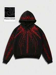 ROMWE MEN Goth Men's Drop Shoulder Long Sleeve Drawstring Hoodie, Loose Fit Fleece Sweatshirt , Fall Winter - Black - View 1