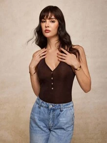 House of One Old Money Glitter Knit Halter Neck Deep V Button-Up Backless Bodysuits Women Sexy Old Money Fall Women Clothes Casual Vacation Summer Brown Halter Top Brown Button Top Dark Brown Top Chocolate Brown Top Brown Top Fall Outfits Business Professional Women Business Casual Woman