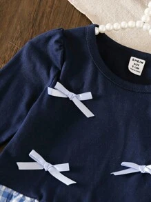 SHEIN Süßes Baby Mädchen Langarm Shirt mit Schleife, Puffärmel, Navy Blau, Herbst/Winter