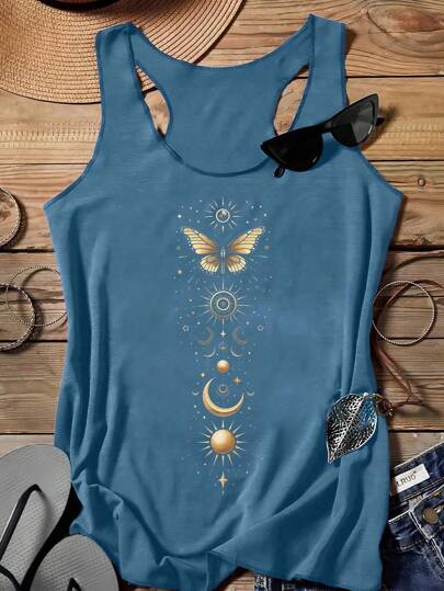 SHEIN LUNE Women's Casual Star, Moon, Sun, Butterfly Pattern Round Neck Camisole Tank Top, Summer Back To School,Casual