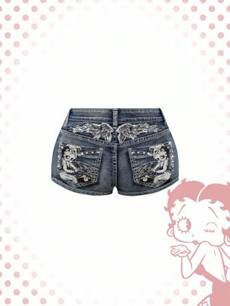 Betty Boop | ROMWE Vintage Millennium Punk Super Low Waist Super Short Embroidered Pistol Women's Denim Shorts