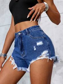 SHEIN ICON Letnie, swobodne, sprane, zniszczone szorty dżinsowe - Średni jeans - Zobacz 5