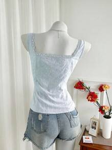 Sweetra 女式蕾丝刺绣吊带背心，甜美法式无袖修身背心，适合分层穿着或外套，方领，修身，百搭 - 藍色 - 查看 2