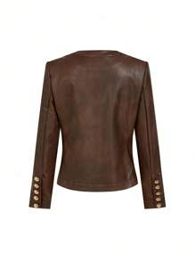 Ellevyn 时尚优雅复古装饰纽扣PU夹克秋季女装秋季女装棕色皮夹克女士秋季服装商务休闲女士棕色夹克 - 咖啡棕 - 查看 2