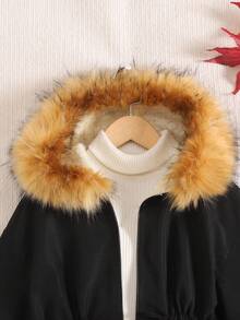 SHEIN 青少年女孩人造毛领蓬松风衣夹克，休闲百搭时尚外套 - 黑色 - 查看 3