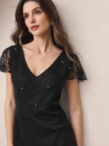 BizChic Elegant Black Summer One-Piece Dress For Women,Woven Lace V-Neck Dining,Business,Casual,Daily,Holiday,Wedding Guest,Music Festival,90s Vintage Style - Black - View 1