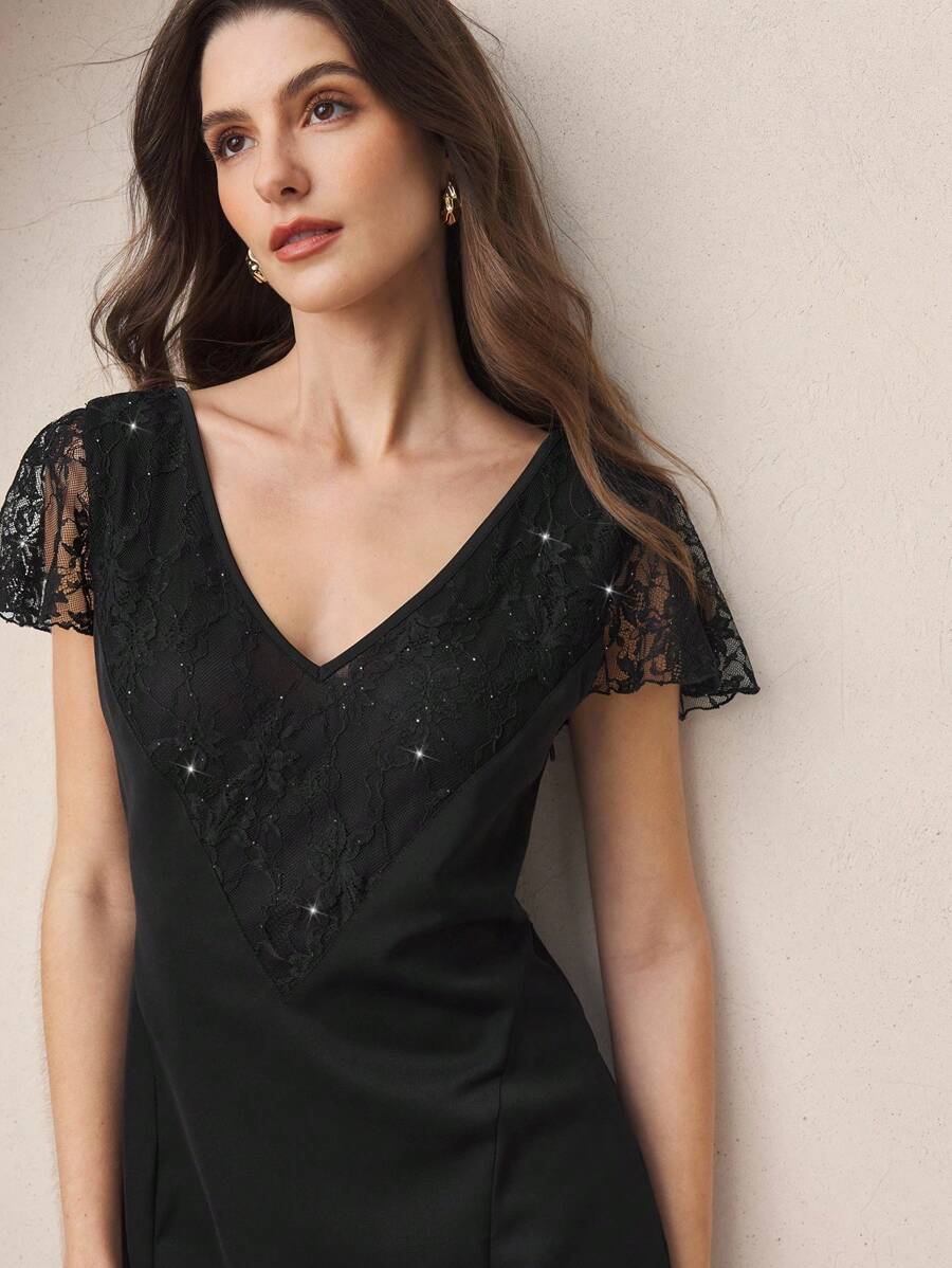 BizChic Elegant Black Summer One-Piece Dress For Women,Woven Lace V-Neck Dining,Business,Casual,Daily,Holiday,Wedding Guest,Music Festival,90s Vintage Style - Black - View 1