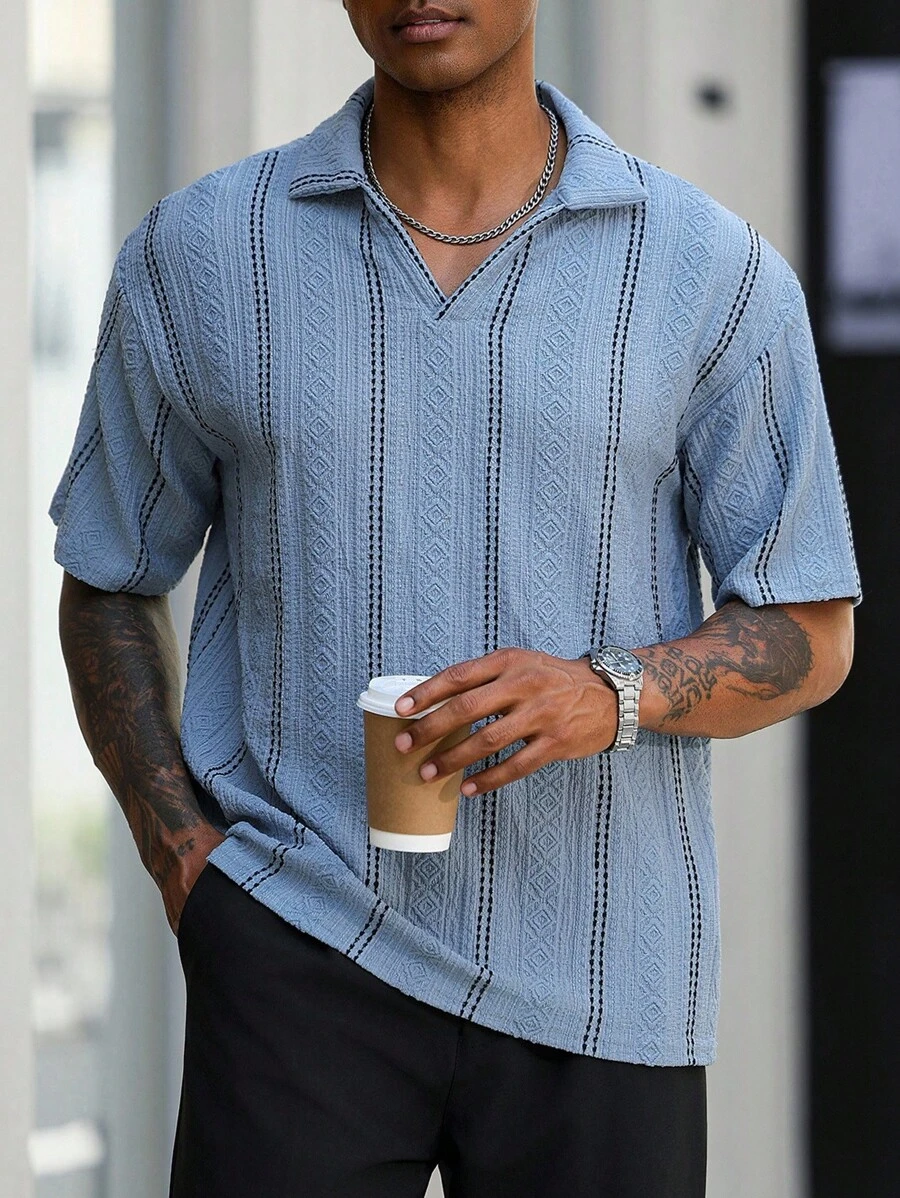 Manfinity Homme Business Style Men's Polo Shirt In Fabric With Regular Hem And Detailed Pattern Men Textured Shirt - BLUE AND BLACK - View 1