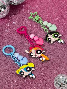 THE POWERPUFF GIRLS X SHEIN 3件时尚可爱锌合金钥匙扣包包吊坠，花朵、泡泡和毛茛 - 彩色 - 查看 9