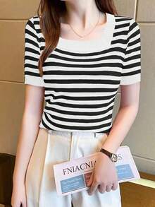 SHEIN Unity Áo thun nữ ngắn tay sọc tối giản giản dị - trắng - Xem 5