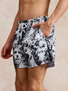 Surfspeed Classical Sculpture Marble Texture Art Mask Print Casual Beach Shorts - Grey - View 3
