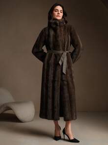 Anewsta 奢华复古人造毛皮长袖直腰系带修身冬季外套夹克 - 棕色 - 查看 5